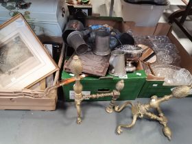 3 x boxes misc. plus firescreen, mirrors, fireside items, pewter, cut glass etc