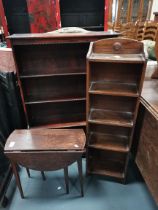 Small Mahogany drop leaf side table plus x2 Floor standing bookcases