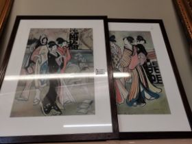 A signed pair of Chinese charcoal drawings of Geisha girls