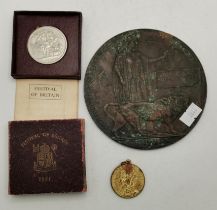 A ww1 death penny plaque marked ALFRED HUNTLEY plu