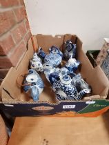 Box of blue and white Chinese items tea pots , elephants etc with markings