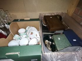 2 x boxes misc. incl Royal Worcester Evesham tea set, China tea set, cutlery sets etc