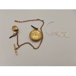 18k gold highly decorative pocket watch 58g with 15k chain 31g