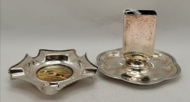 A George V silver matchbox holder on stand, and an ashtray