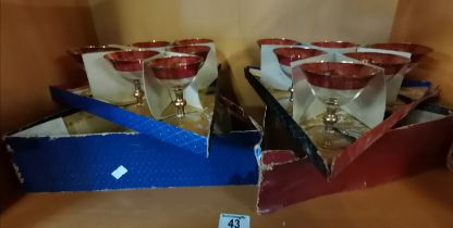 x2 boxes of 6 Vintage Bohemian Cranberry glasses with gilt gold edging