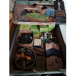 Box of vintage toys - Waddington's table soccer in box, subuteo players, farm animals , tanks etc