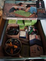 Box of vintage toys - Waddington's table soccer in box, subuteo players, farm animals , tanks etc