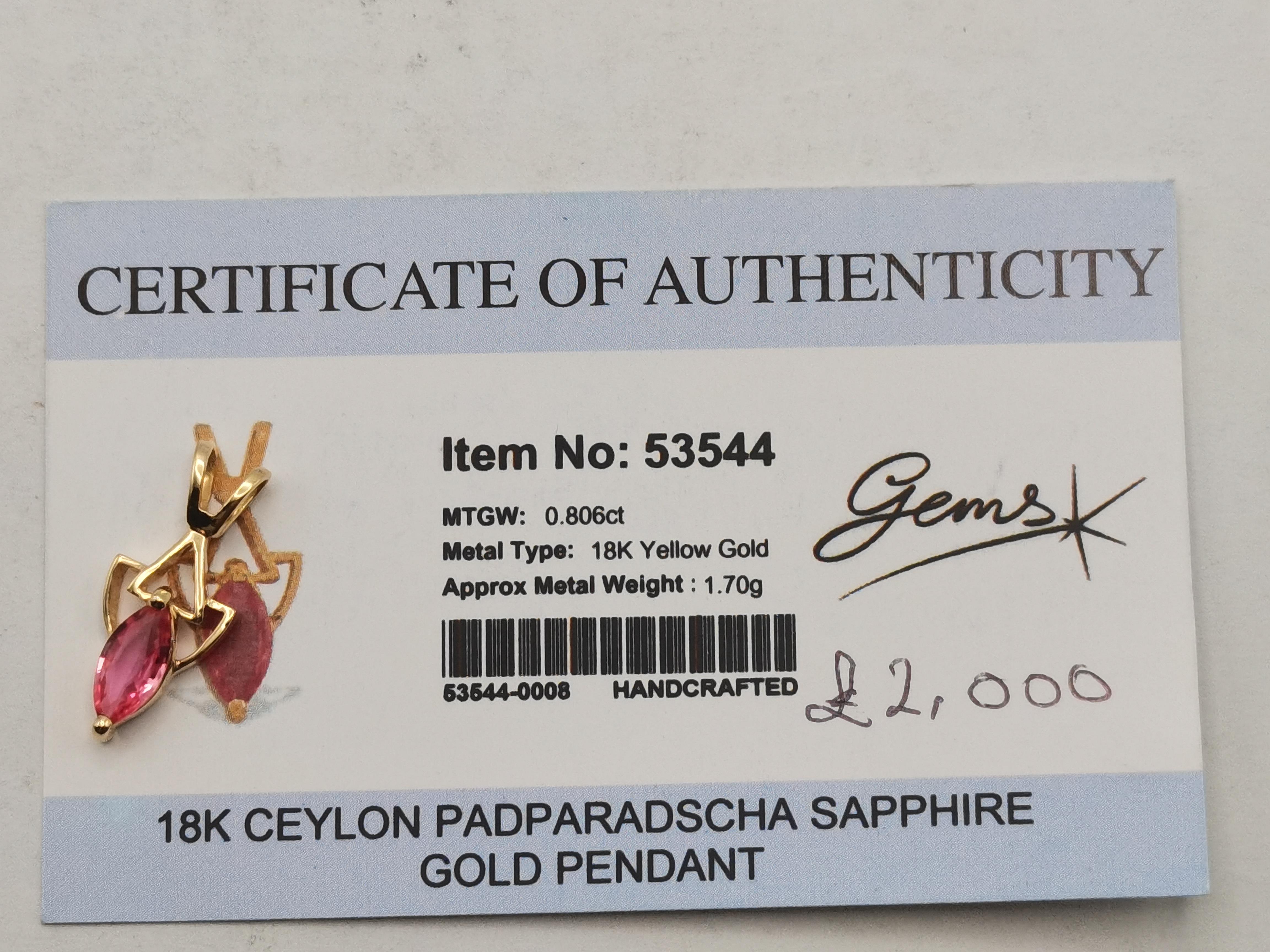 18ct yellow Gold & Ceylon Padparadscha Sapphire Pendant