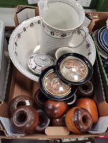 Box of misc items incl vintage horse noggins, portrait miniatures and 4 pce Jug & bowl set