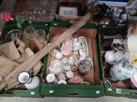 Pictures plus 6 x boxes misc. items incl glassware, Milbro fishing tackle, table lamp bases etc