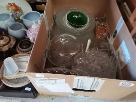 5 x boxes misc. items incl coloured glass, 3 x Sylvac jugs, retro glass lights, flan dishes etc