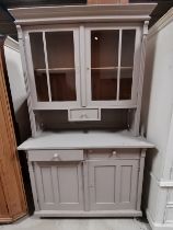 Painted Antique Pine Kitchen Dresser with glazed doors