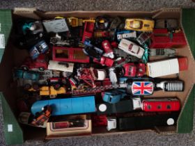 Box of die-cast toy cars and vehicles