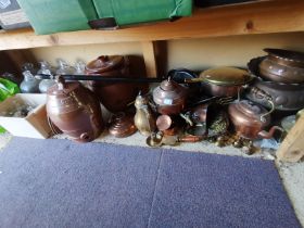 Large collection of Copper, brass, demi-johns, pewter, vintage bottles, pots etc