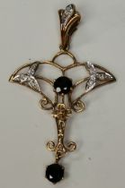 A 9ct gold pendant with diamond and saphirre stones