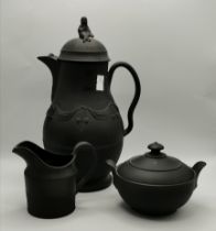 Antique Black Basalt Ware coffee pot, cream jug and sugar bowl