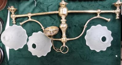 Antique Brass Snooker light with opaque glass shades
