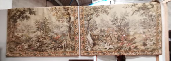 A pair high quality 2.1m x 1.6m tapestry wall hangings depicting vintage country scenes bu HINES OF