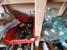 Pair of large glass vases and box of vintage items