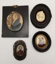 3 x Antique Portrait Miniatures plus Cameo in black oval frame