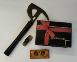 A 1902 Rowntree commemorative coronation chocolate bar; a WWII RAF emergency escape/rescue axe, etc.