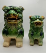 Vintage pair of green and blue ceramic Foo dog figurines