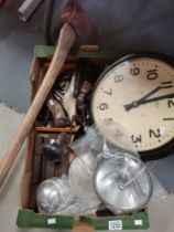 Box of vintage items incl wall clock, axe, car lamps, tools etc