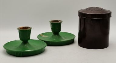 Bakerlite trio - 2 green candlesticks and brown lidded jar
