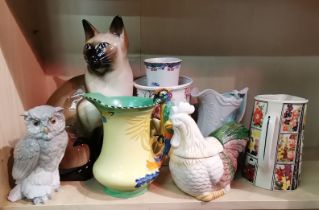 Assorted Ceramics - Siamese Cat figure 34cm Ht, Burleigh jug, Nao owl etc
