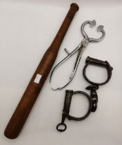 Sugar Nippers, wooden truncheon and handcuffs