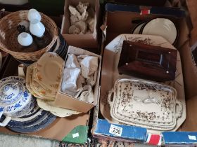 5 x boxes misc. items incl antique tea box, meat platter, Sylvac candleholder, blue & white, etc