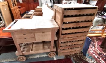 A pine vintage apple press and teak bbq trolley