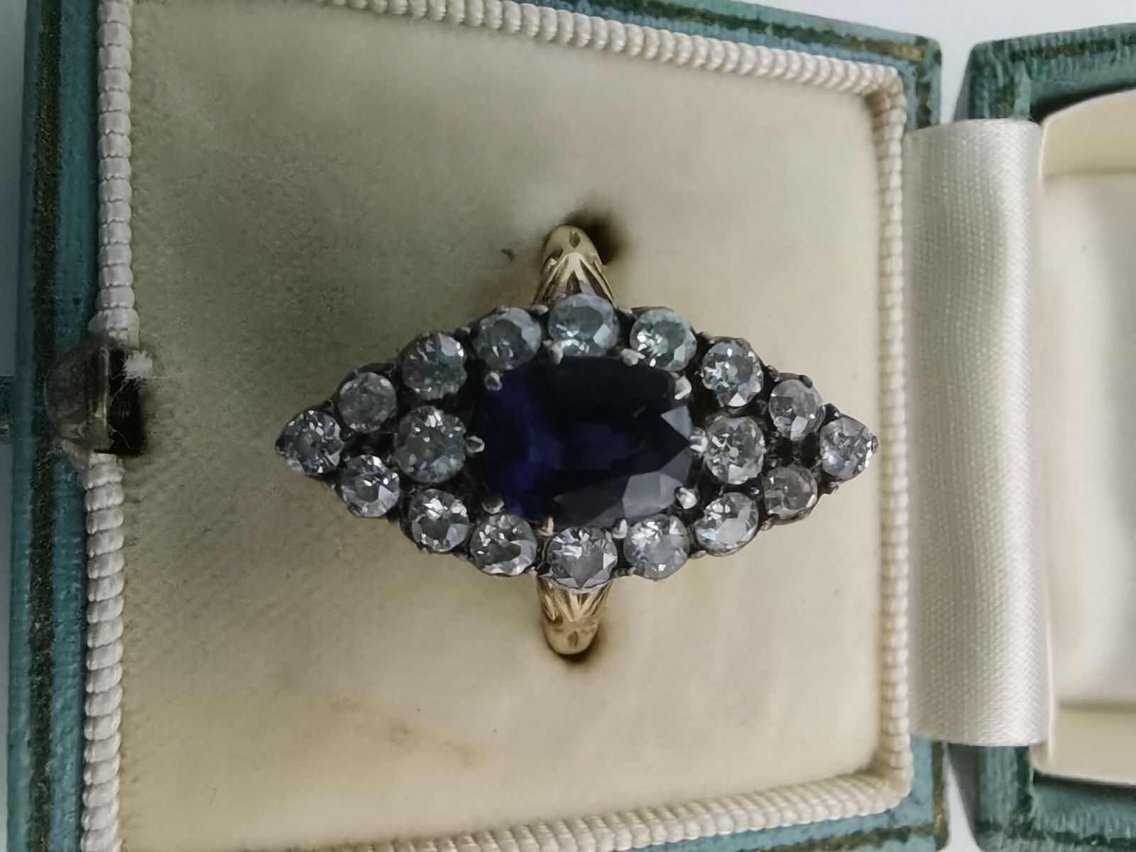 Victorian Navette shaped Sapphire and Diamond cluster ring - Image 2 of 3