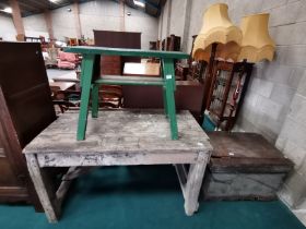 Antique pine workbench, stool and chest with old tools