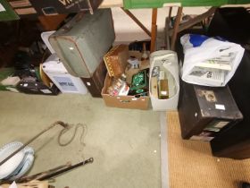 3 x boxes misc. items incl cutlery, sewing items, enamel bread bin, 2 x vintage cases etc