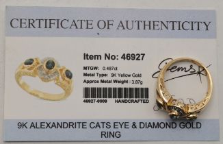 9ct yellow gold with Alexandrite cats eyes & Diamond ring