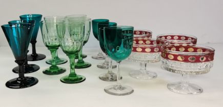 Retro green sherry glasses plus glass dessert dishes