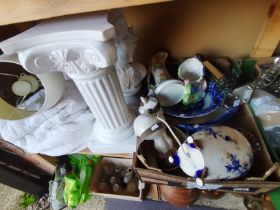 Box of misc. items incl wicker basket, blue & white bowls, pedestal/plant stand, lady bust etc