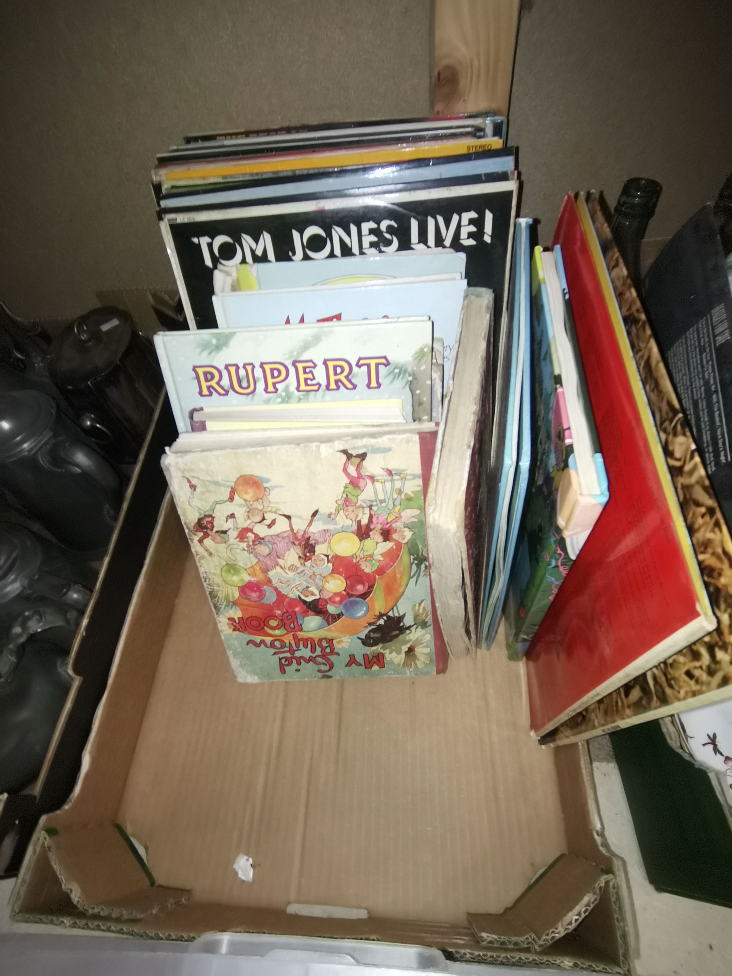 Box of Vintage children's books incl Rupert, wooden items, old telephones & 12" LPs incl Beatles