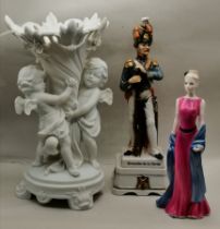 Coalport Lady figure, Capodimonte style musical French figure plus ceramic Cherub vase