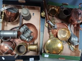 2 x boxes brass and copper items incl copper kettle, warming pan etc