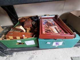 2 x boxes misc. items incl wooden ware, brassware, John Wayne pictures etc