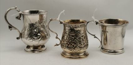 Three silver christening mugs, George II and later