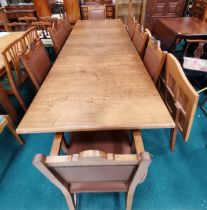 Large John Wetherill Yorkshire Oak extending dining Table with 6 chairs plus 2 carvers