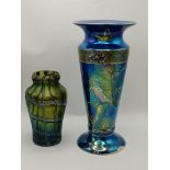 A Maling lustre vase with kingfisher decoration plus a green glass loetz style vase