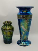 A Maling lustre vase with kingfisher decoration plus a green glass loetz style vase