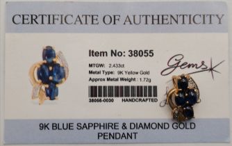 9ct yellow gold with Blue Sapphire & Diamond Pendant