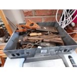 Box of vintage tools - saws, hammers chisels etc