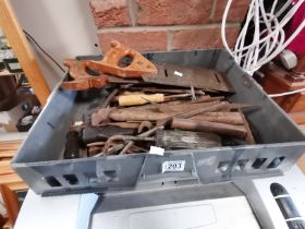 Box of vintage tools - saws, hammers chisels etc