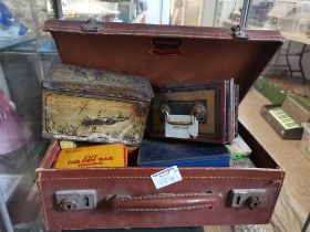 Small Leather Case Containing Vintage Tins and Money Box